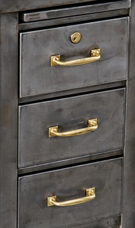 incredibly durable and well-built heavy gauge cold-rolled steel factory office typewriter desk with centrally located manually operated drop-down cabinet