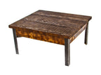 repurposed american industrial low-lying all-welded joint angled iron four-legged coffee table with newly added pine wood top with recessed apron