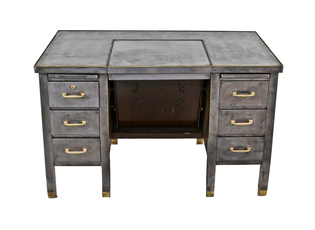 incredibly durable and well-built heavy gauge cold-rolled steel factory office typewriter desk with centrally located manually operated drop-down cabinet