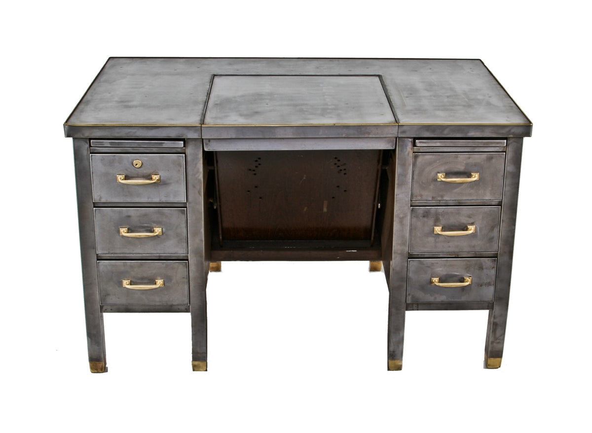 incredibly durable and well-built heavy gauge cold-rolled steel factory office typewriter desk with centrally located manually operated drop-down cabinet