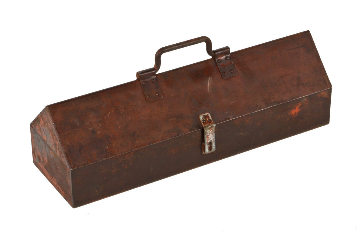 c. 1930's american depression era weathered red enameled heavy gauge steel pyramidal top pipefitter toolbox with hasp and drop handle