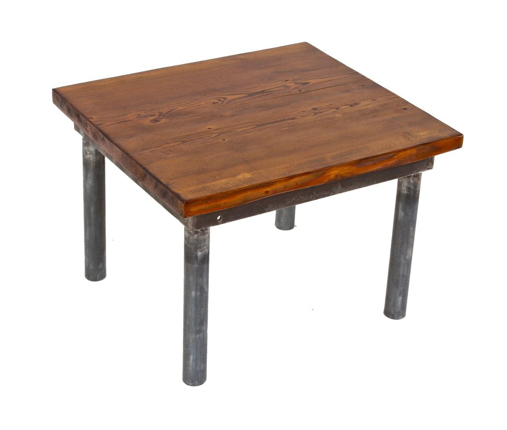 repurposed american industrial four-legged welded joint tubular steel low-lying coffee table with a newly added pine wood top