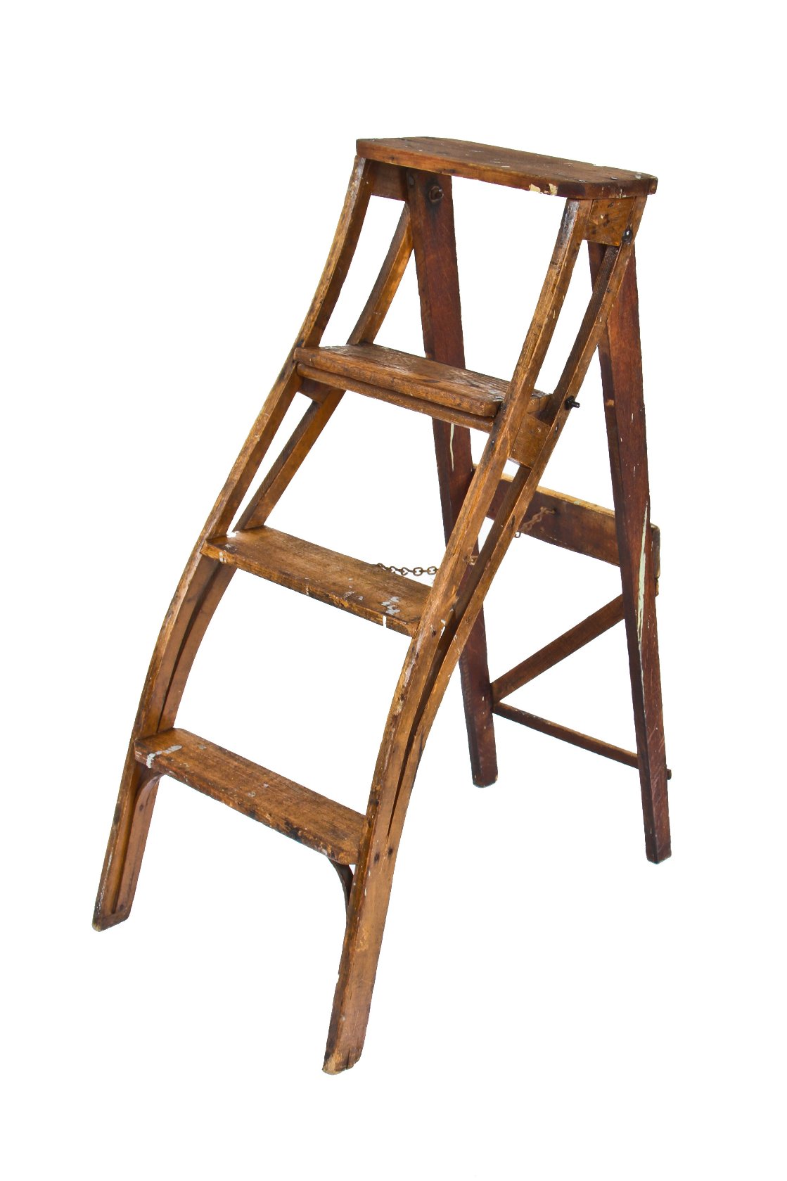 rare and hard to find c. 1880's antique american industrial unrestored oak wood "flint" patented collapsible curved ladder with support chain