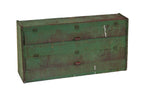 unrestored late 1920's custom-built painted green pine wood angled front cubby hole machine shop cabinet with butterfly hinged doors