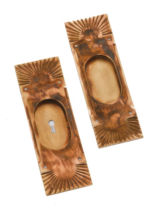two matching oversized ornamental cast bronze interior residential sliding door "falmouth" pattern escutcheons with recessed "cup" handles