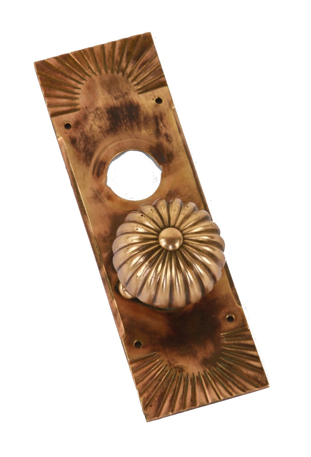 original c. 1890's antique american victorian era "falmouth" pattern residential entrance door backplate with matching fluted doorknob