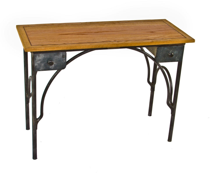 finely contoured c. 1920's antique american medical heavy gauge tubular steel four-legged hospital side table with newly added hickory wood top with walnut inlay
