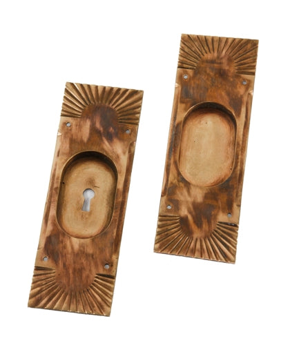 original late 19th century heavy cast bronze interior residential "falmouth" pattern pocket or sliding door backplates with "sunburst" motifs