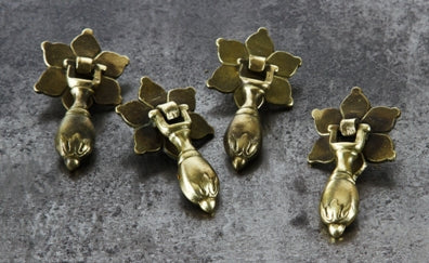 original c. 1920's american antique ornamental yellow brass "teardrop" style residential furniture drawer pulls or handles