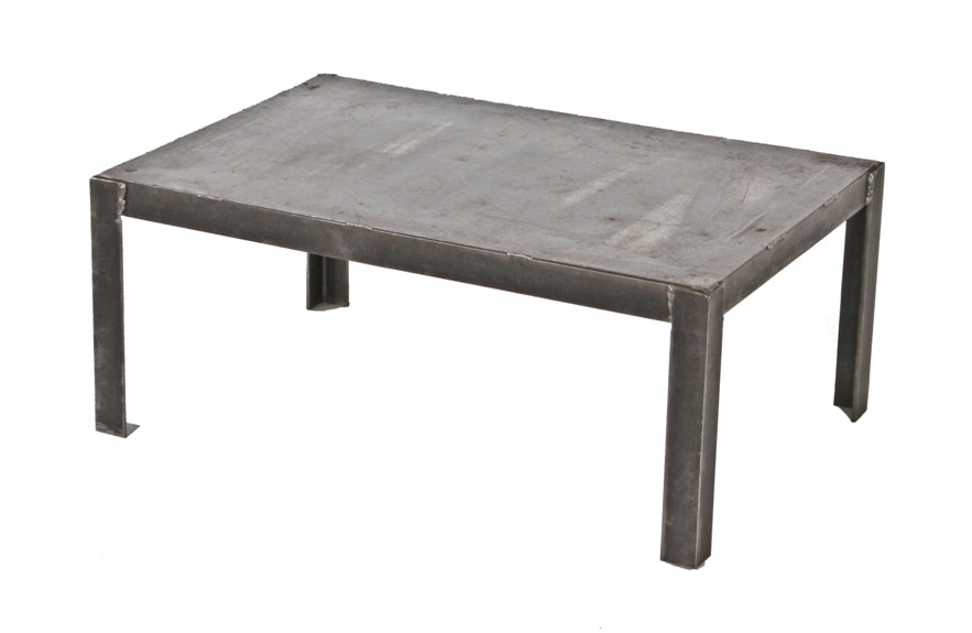 all-welded joint heavily reinforced angled steel four-legged low lying coffee table with a mostly uniform brushed metal finish