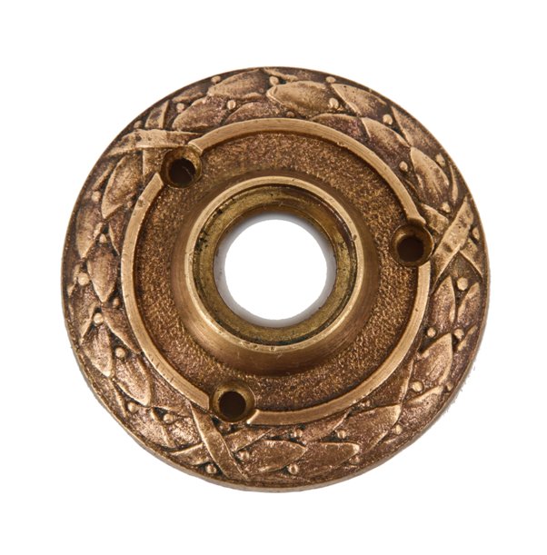 single c. 1920's antique american ornamental cast bronze interior guest room door doorknob rosette with a bayleaf motif border
