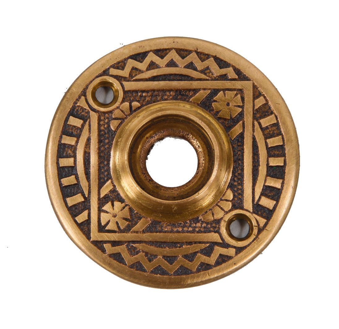 original c. 1880's antique american eastlake style ornamental cast brass "geometric" pattern interior residential doorknob rosette