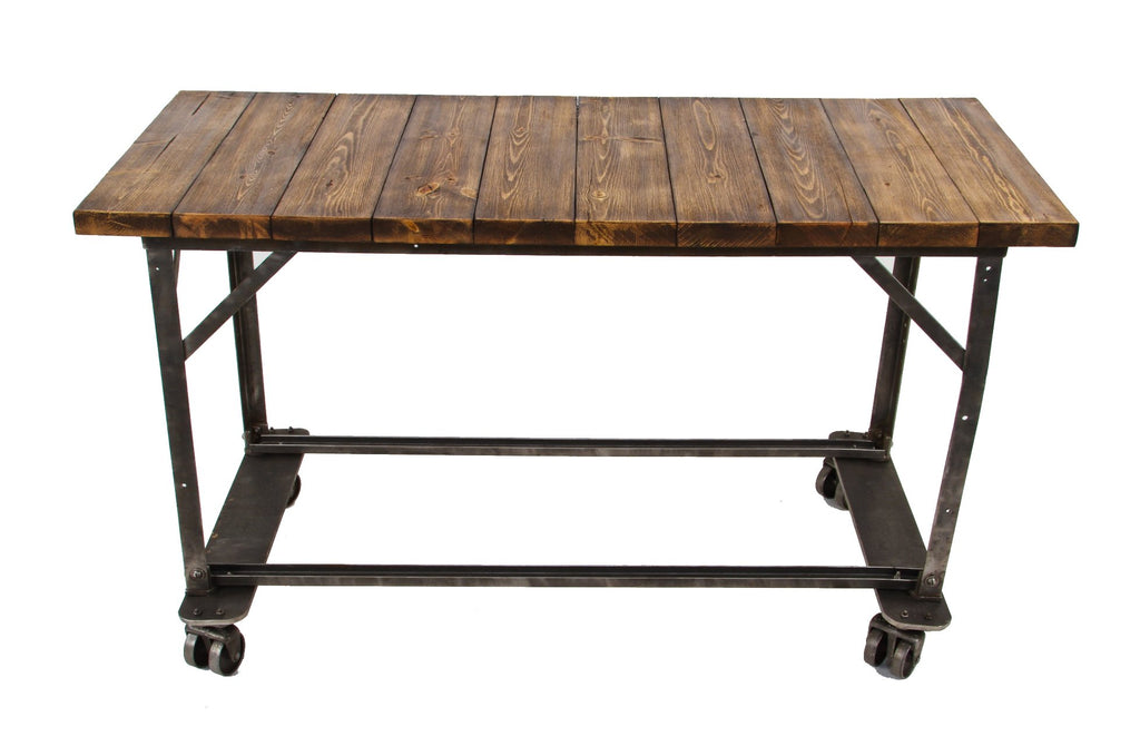 old american industrial factory machine shop mobile cart with double-wheel trucks and newly added tabletop