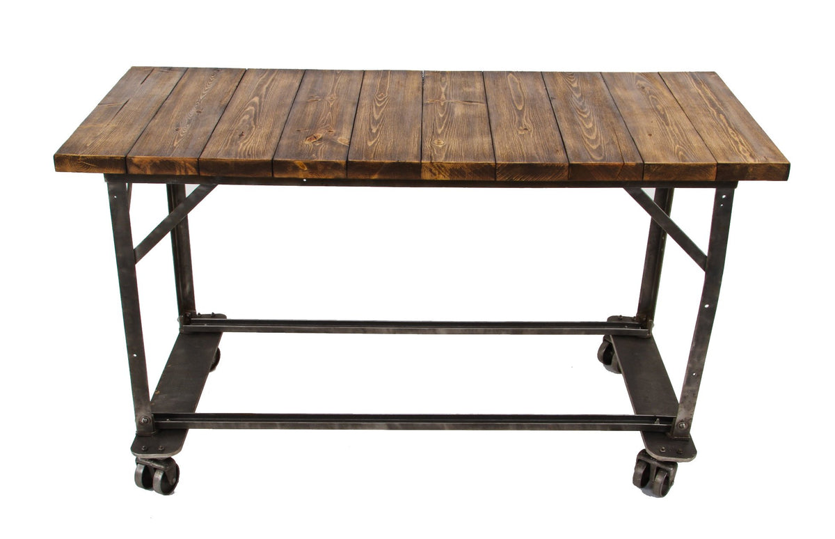 old american industrial factory machine shop mobile cart with double-wheel trucks and newly added tabletop