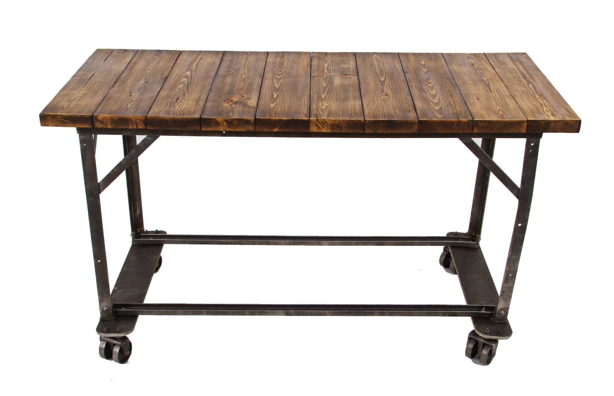 old american industrial factory machine shop mobile cart with double-wheel trucks and newly added tabletop