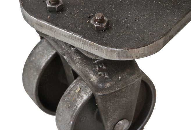 old american industrial factory machine shop mobile cart with double-wheel trucks and newly added tabletop