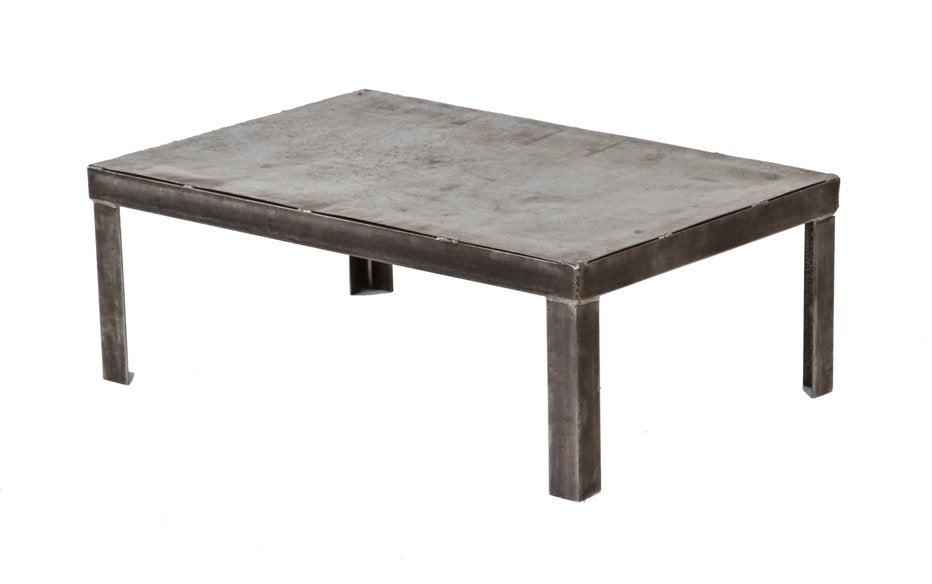 stationary four-legged american vintage industrial all-welded angled joint low-lying solid steel coffee table with a uniform brushed metal finish