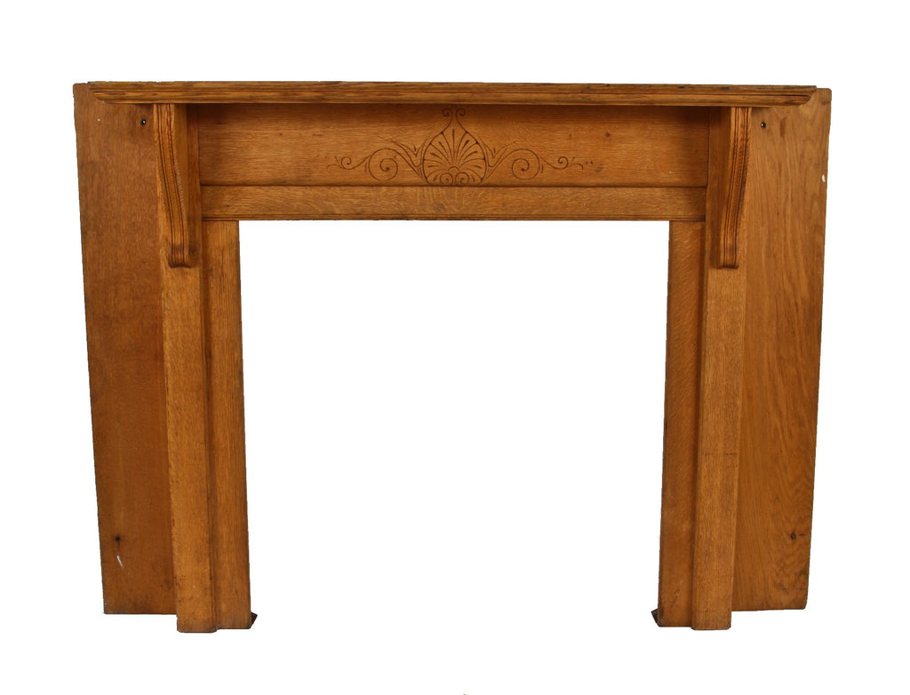 fine 19th century antique american solid quartered oak wood victorian era interior residential fireplace half-mantel with incised deign motifs