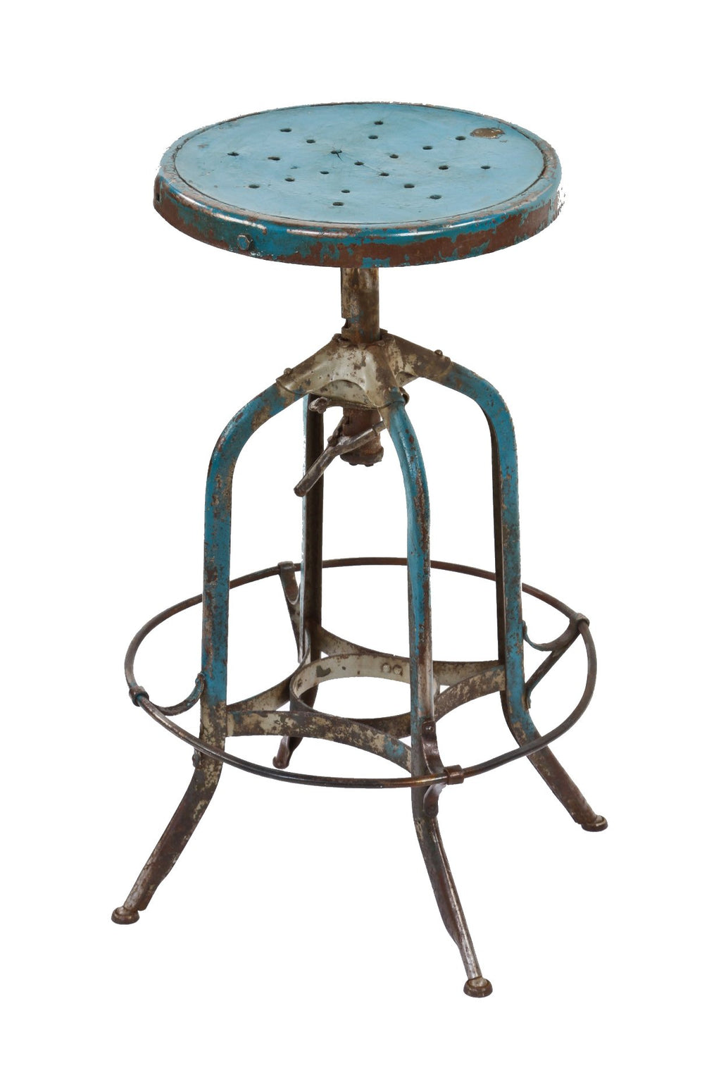 late 1930's original adjustable height american industrial backless "uhl art steel" factory machine shop stool with nicely aged blue paint finish