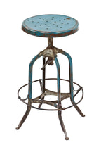 late 1930's original adjustable height american industrial backless "uhl art steel" factory machine shop stool with nicely aged blue paint finish