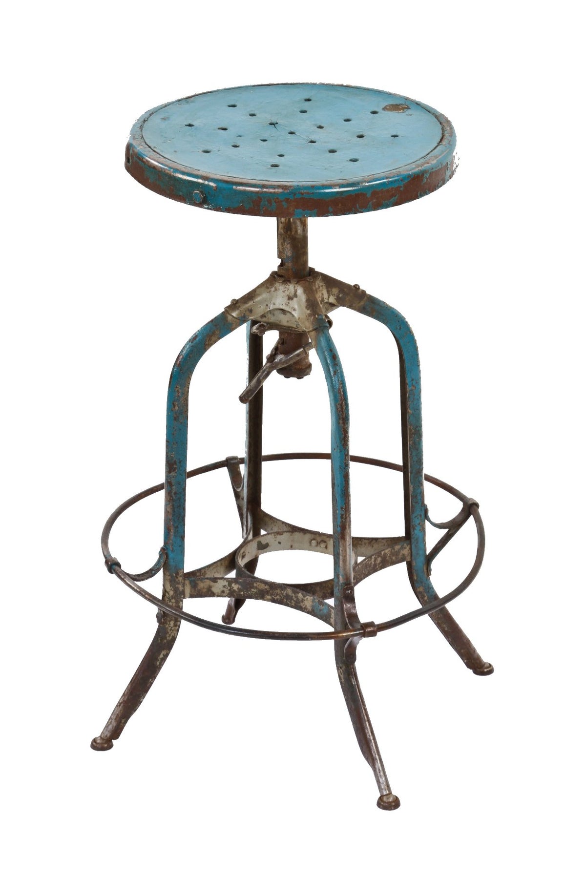 late 1930's original adjustable height american industrial backless "uhl art steel" factory machine shop stool with nicely aged blue paint finish