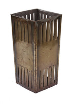 unusual oversized c. 1920's american antique industrial factory office "dandee" slotted cold-rolled steel trash or waste can with rolled rim