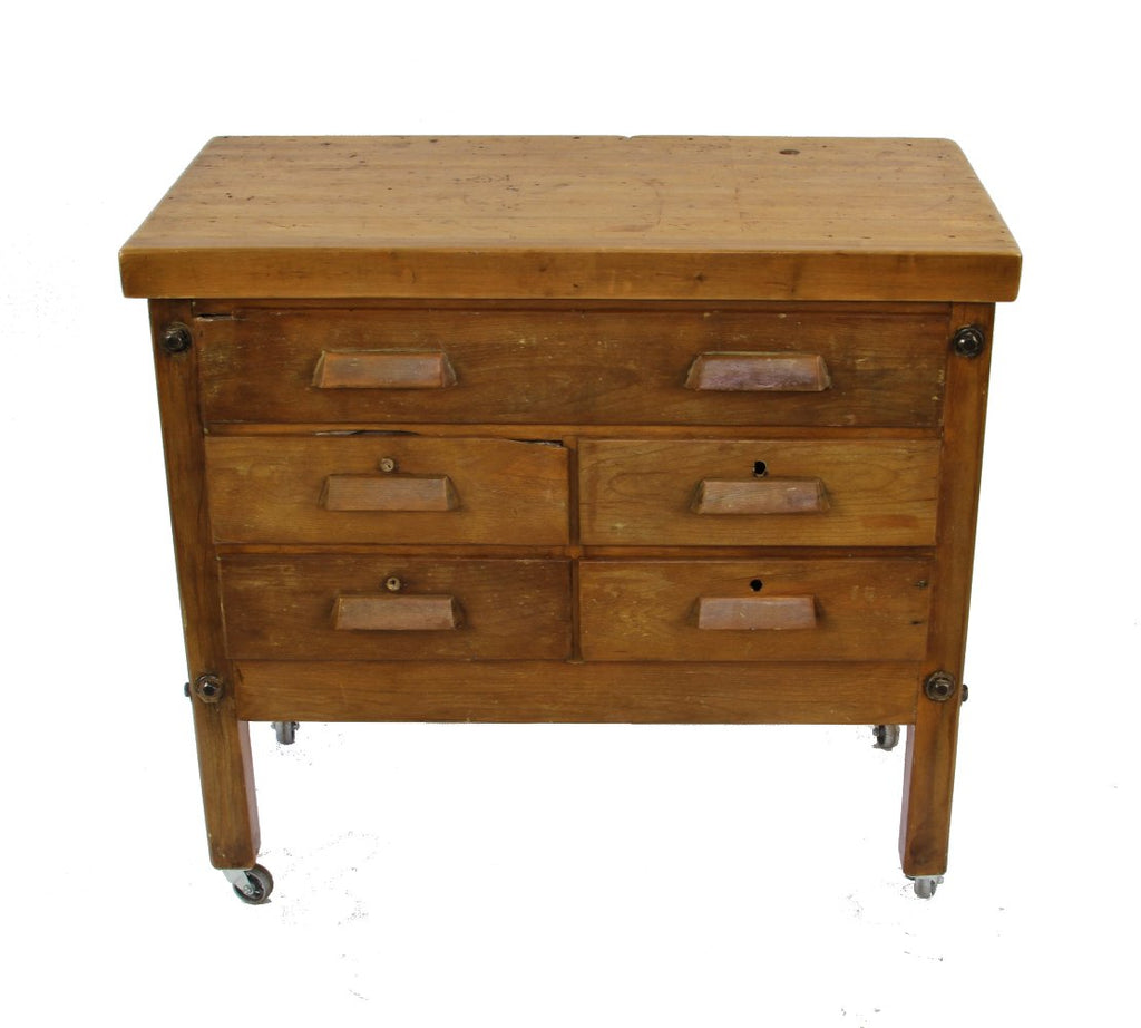refinished c. 1920's american industrial maple wood multi-drawer school wood shop workbench and cabinet with casters