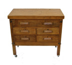 refinished c. 1920's american industrial maple wood multi-drawer school wood shop workbench and cabinet with casters
