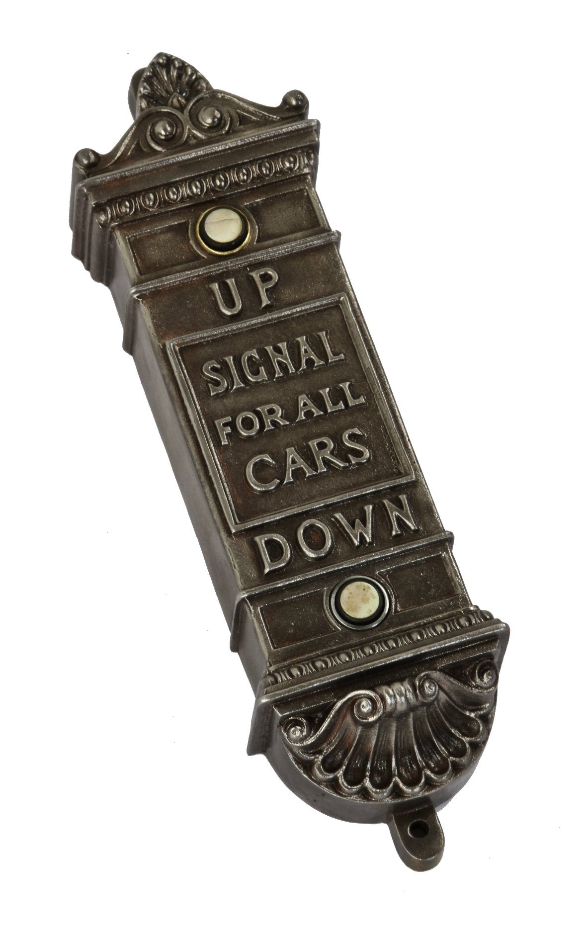 original late 19th century american ornamental cast iron interior cable building lobby "signal for all cars" push button fixture