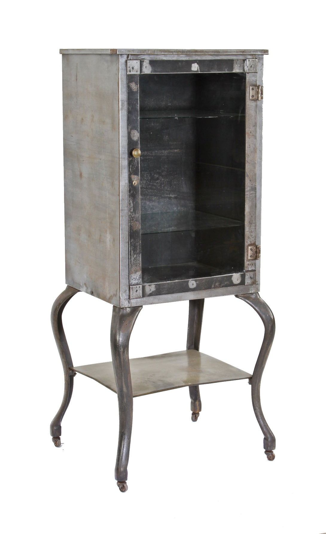 c. 1915 original fanciful cast iron and cold-rolled heavy gauge steel mobile hospital operating room fully enclosed storage cabinet with brushed metal finish