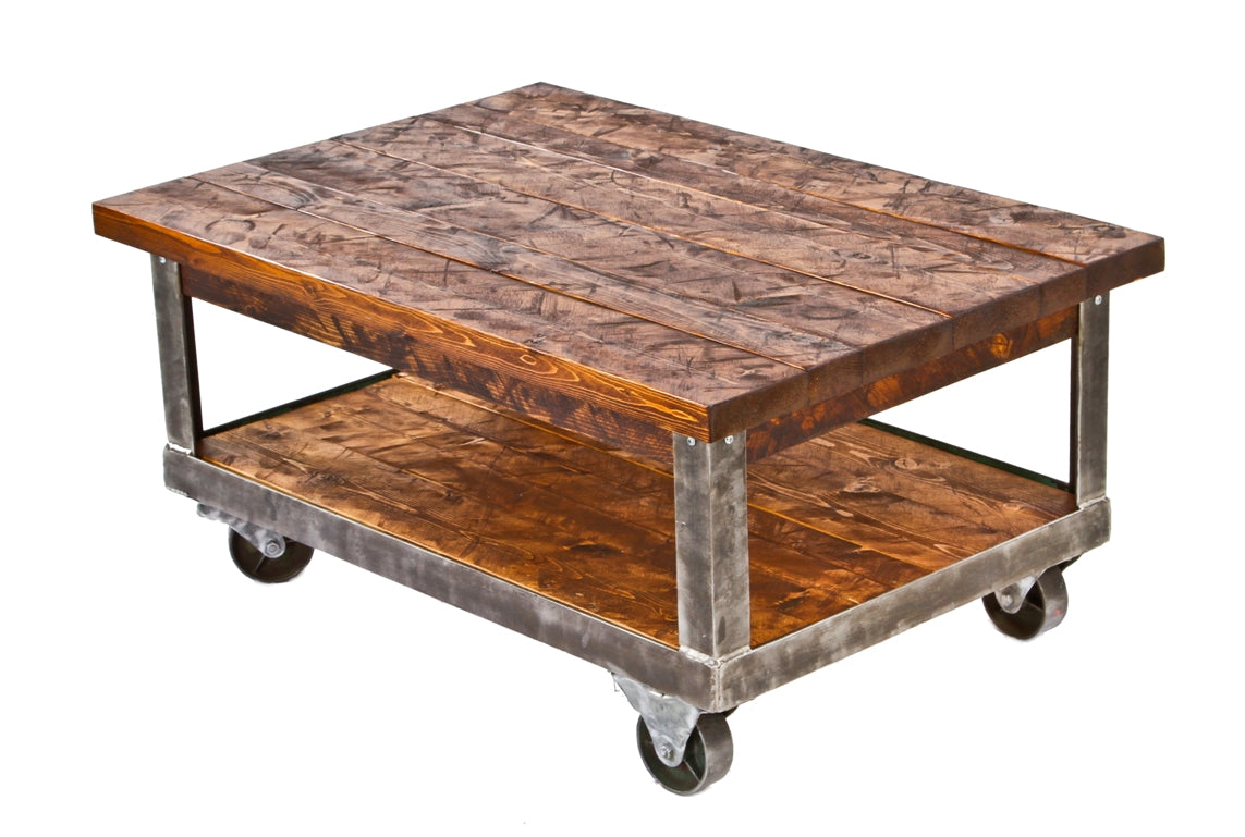 fully refurbished vintage american made industrial two tier mobile coffee table repurposed from an old angled iron factory die cart