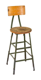 single adjustable height "pollard brothers" maple wood and enameled angled iron factory machine shop stool with pre-drilled extensions