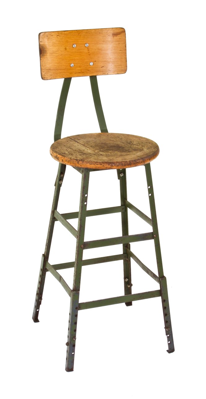 single adjustable height "pollard brothers" maple wood and enameled angled iron factory machine shop stool with pre-drilled extensions