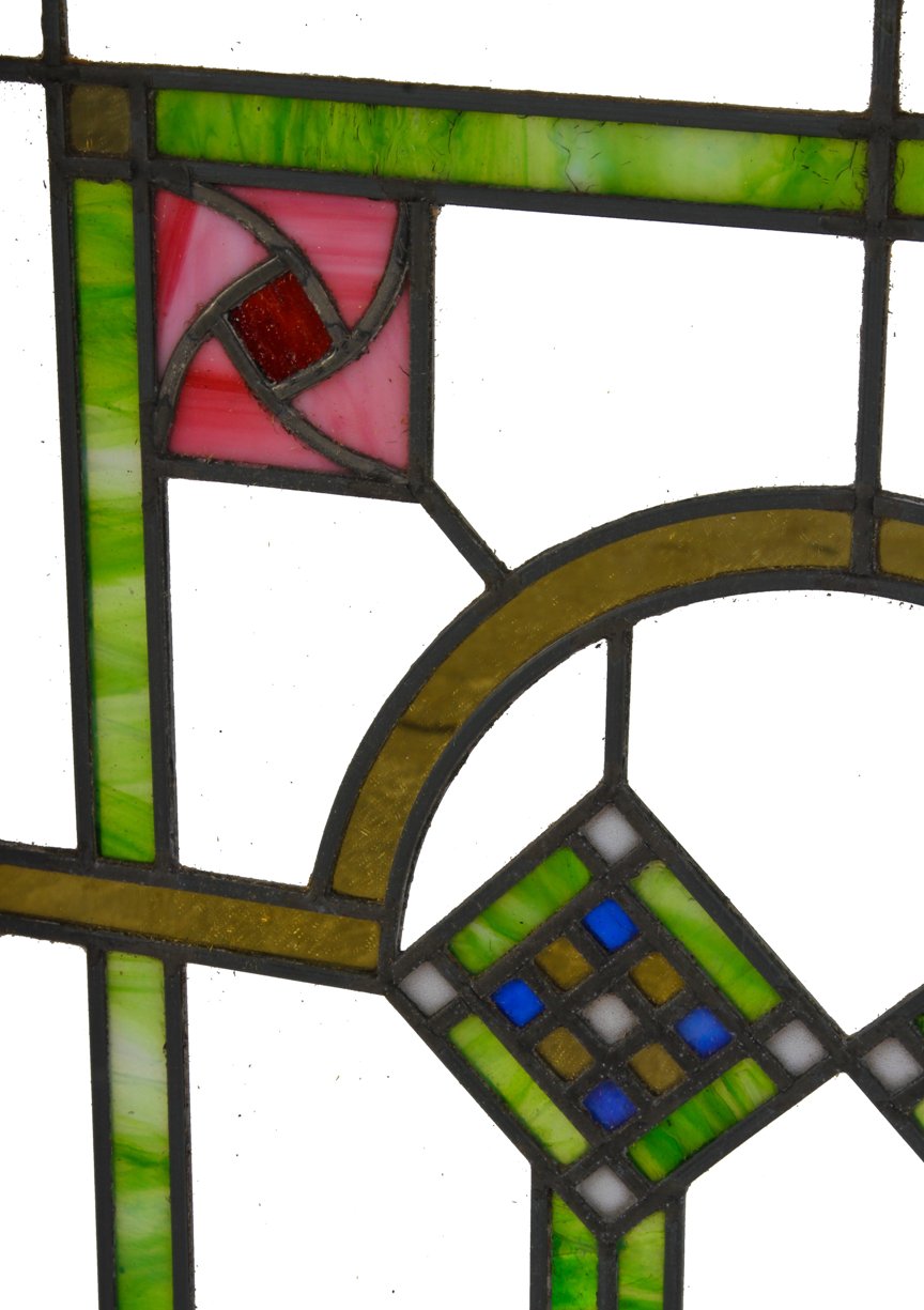 c. 1920's original and intact american interior residential prairie school style leaded art glass window with gold leaf sandwich glass accent