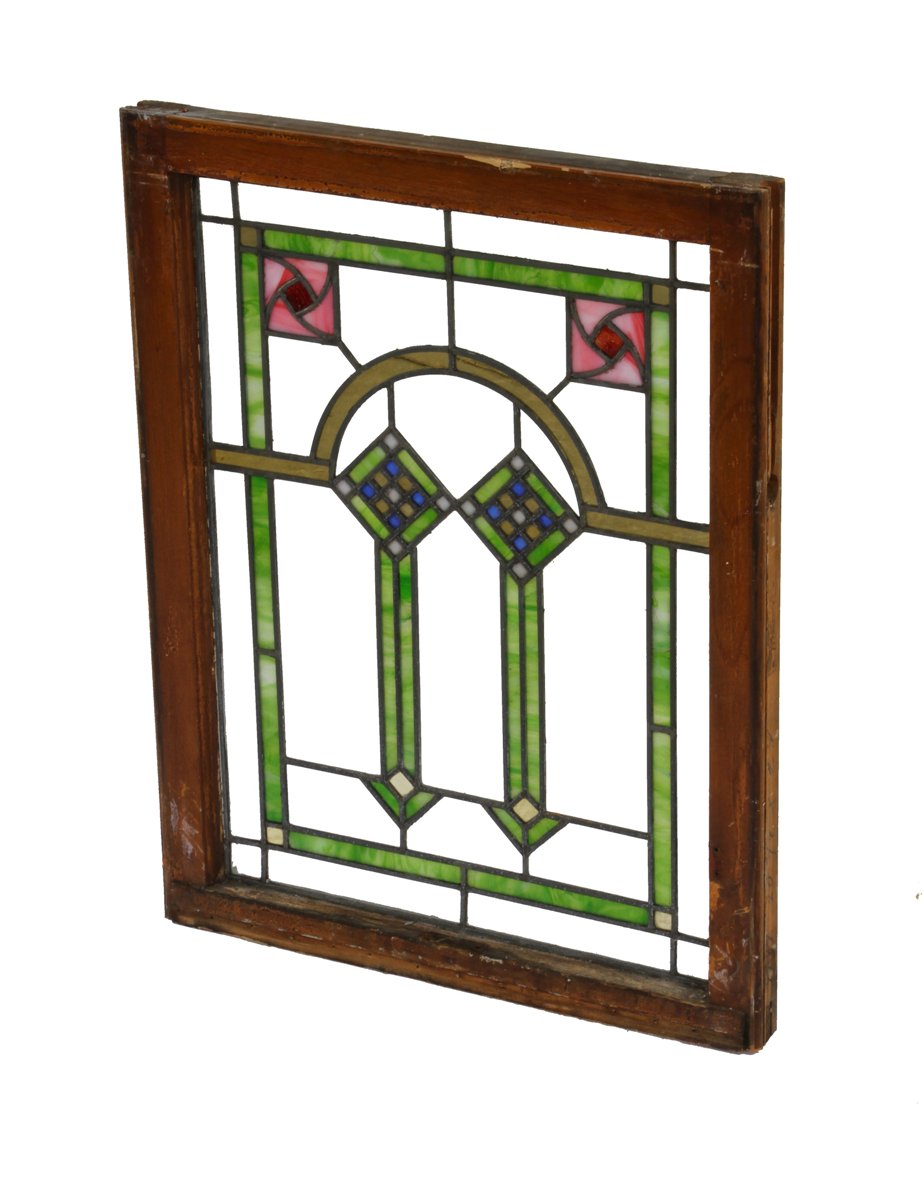 early 1920's original finely crafted american prairie school style leaded art glass interior residential window with abstract floral motifs