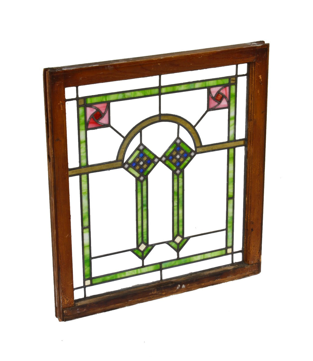 c. 1920's original and intact american interior residential prairie school style leaded art glass window with gold leaf sandwich glass accent