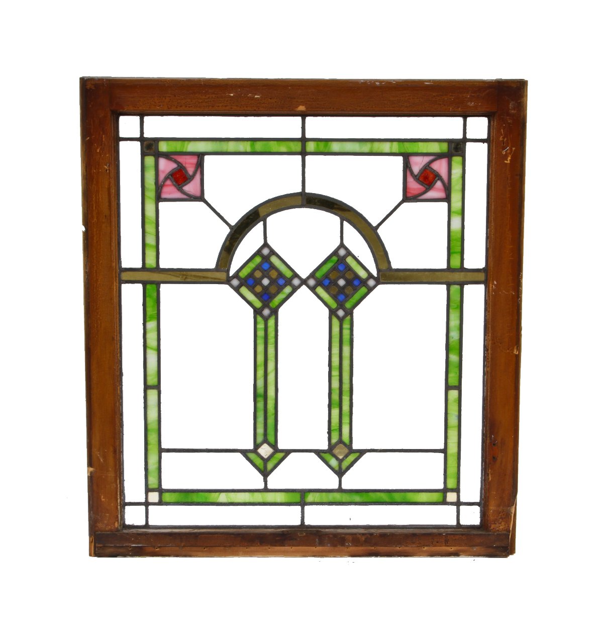 original and intact american antique prairie school style interior residential leaded art glass geometrically designed chicago bungalow window