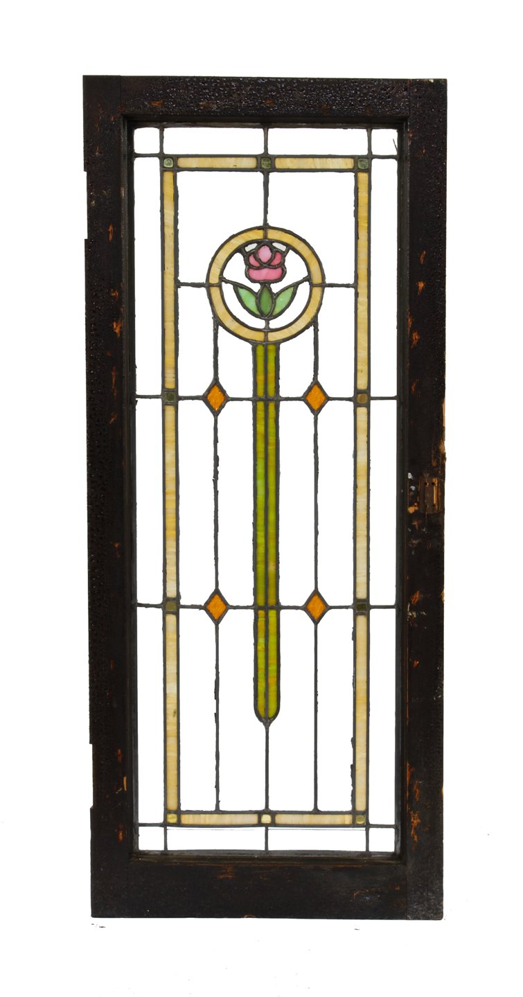 c. 1920's original american prairie style interior residential leaded art glass casement window with medallion containing a floral motif