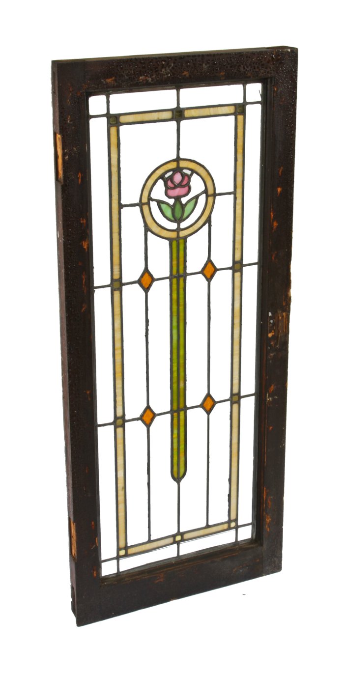 single chicago prairie school style leaded art glass interior residential casement window with original darkly stained wood sash frame