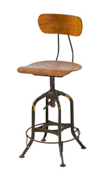 american antique industrial clement uhl-designed olive green enameled pressed and folded steel adjustable height toledo stool