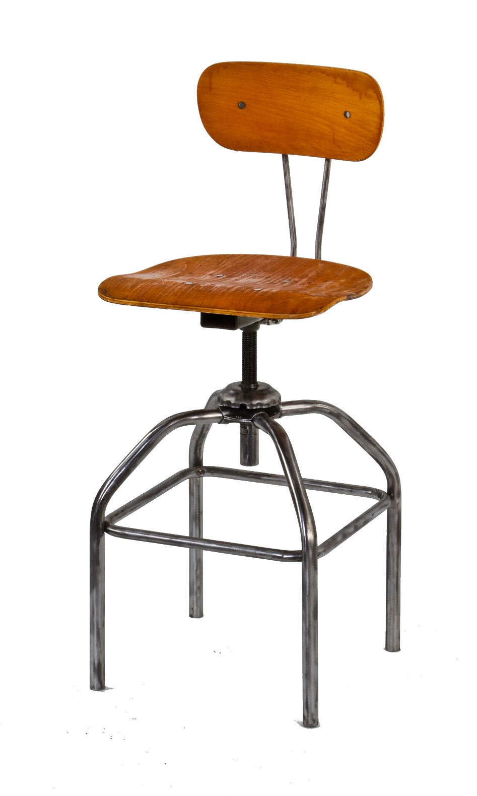 refinished c. 1950's american vintage industrial all-welded joint tubular steel adjustable height laboratory stool with maple wood saddle seat and backrest