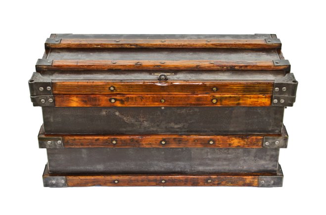 rare early 20th century american antique industrial pipefitter's hinged top tool chest comprised largely of cold-rolled steel with malleable iron corner guards
