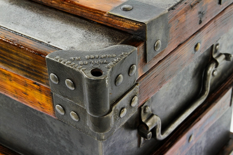 rare early 20th century american antique industrial pipefitter's hinged top tool chest comprised largely of cold-rolled steel with malleable iron corner guards