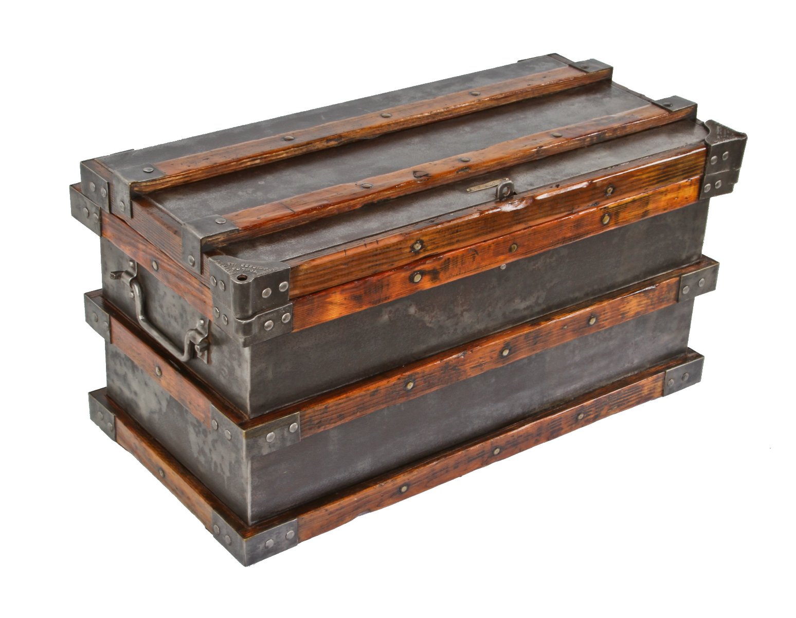 rare early 20th century american antique industrial pipefitter's hinged top tool chest comprised largely of cold-rolled steel with malleable iron corner guards