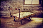 late 1890's refinished antique american industrial white oak wood and cast iron well-built factory furniture truck or cart with fully functional swivel and fixed spoked casters