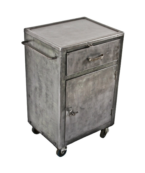 original fully functional c. 1930's indiana state hospital mobile brushed steel supply cart with bassick casters and stationary towel bar