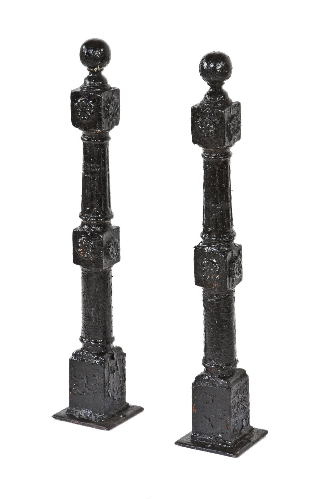 matching set of original 19th century antique american ornamental cast iron exterior black enameled residential newel posts