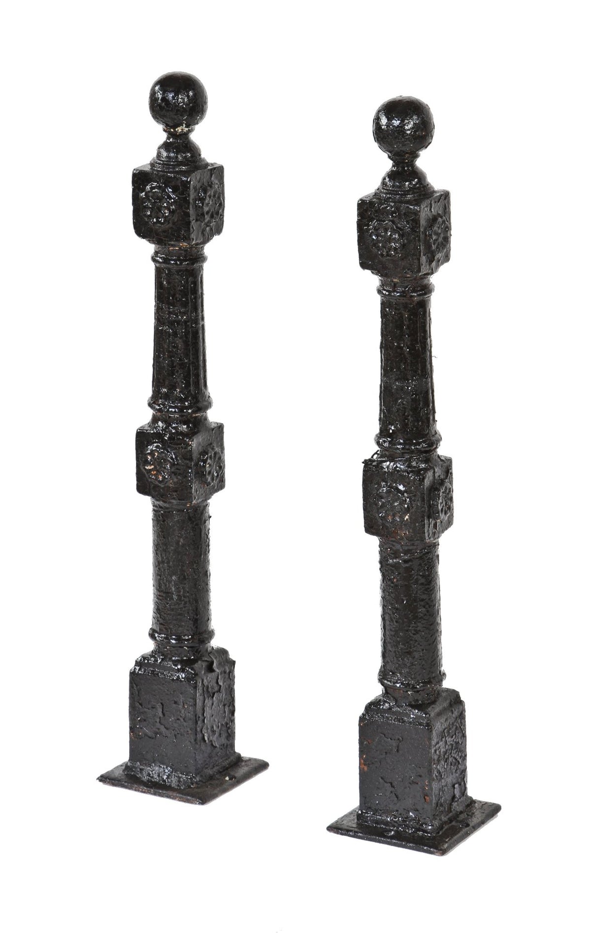 matching set of original 19th century antique american ornamental cast iron exterior black enameled residential newel posts