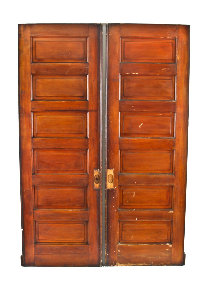 matching set of oversized 19th century american antique interior residential cherry wood raised panel sliding pocket doors