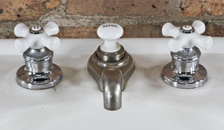 all original and intact interior residential freestanding white glazed vitreous porcelain or china lavatory pedestal sink with flared base